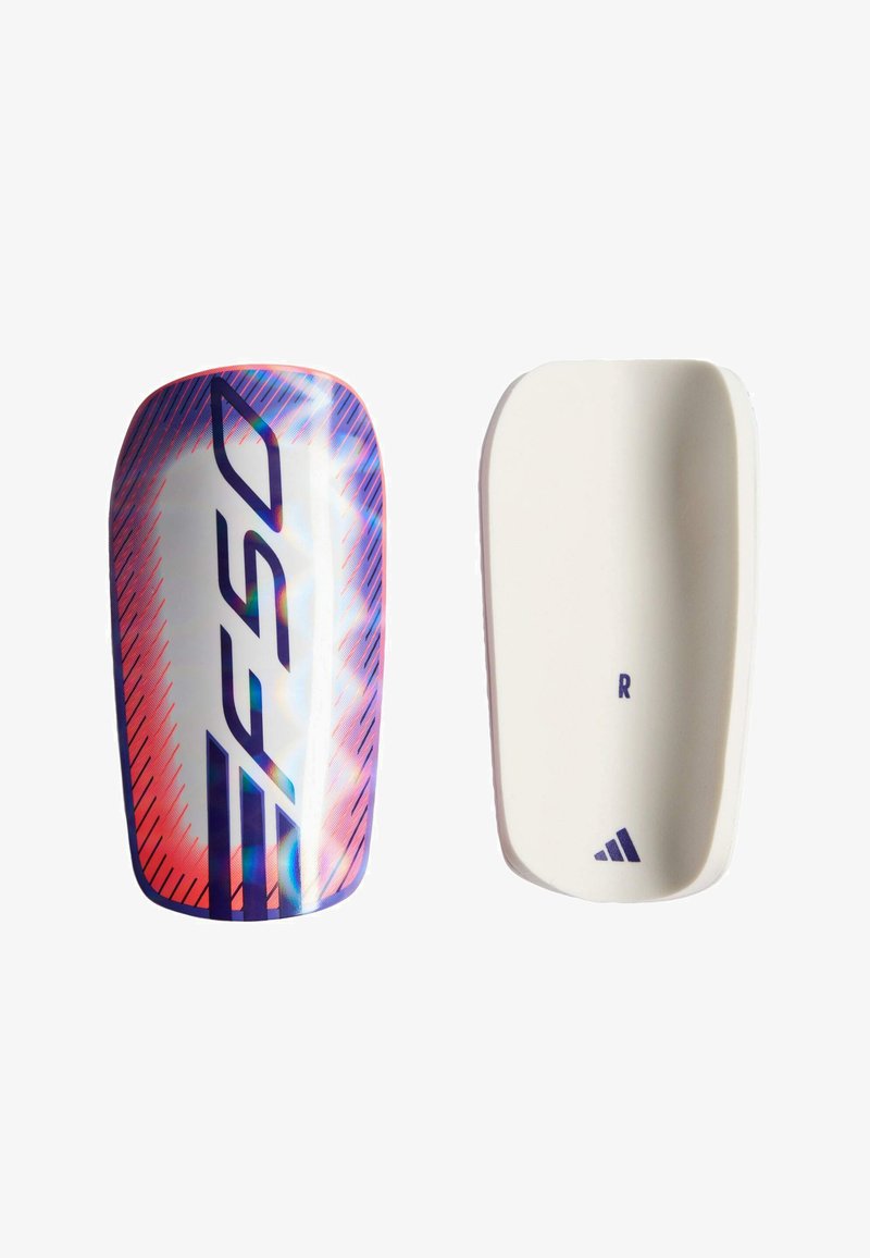 Pair of soccer shin guards, one showing colorful outer design with "F50" and the other plain white with "R" and Adidas logo inside.