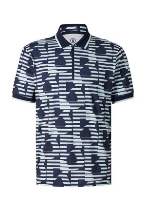 Námornícka modrá polokošeľa s krátkym rukávom, zdobená abstraktnými geometrickými tvarmi a horizontálnymi pruhmi, s golierom na zips.