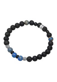 Bracciale con perle in pietra lavica caratterizzato da perle sferiche nere, blu e grigie alternate con accenti in argento. Sono presenti variazioni texture e lucidate.