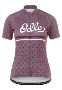 Kortärmad cykeltröja i vinröd med texturerad yta, med vit "Odlo"-logotyp, horisontella ränder och prickigt mönster.