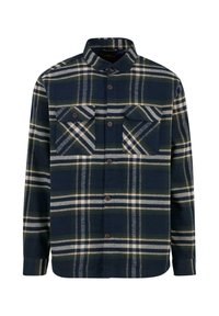 Koszula flanelowa w ciemnym granacie z zielonym i białym wzorem w kratę. Posiada dwie kieszenie na piersi, brązowe guziki i klasyczny kołnierzyk.