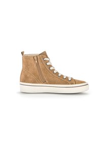 Brown suede high-top sneakers with white laces, side zip closure, and a rubber sole. Features visible stitching and a textured finish.