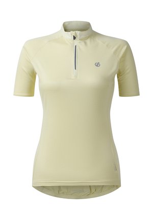 Maillot de cyclisme jaune court avec manches courtes, demi-fermeture éclair devant et petit logo sur le côté gauche de la poitrine.