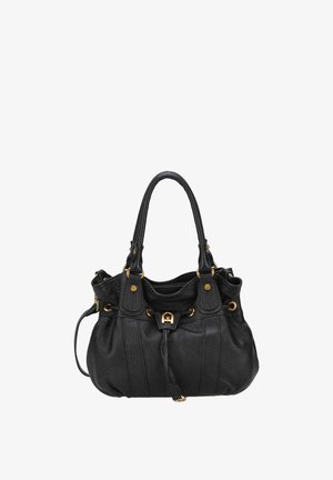 Sac à main en cuir noir avec double poignées, quincaillerie dorée, cordon de serrage à l'avant, et une forme légèrement froncée et structurée.