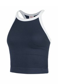 Sujetador deportivo de canalé azul marino con ribete blanco. Presenta un diseño de espalda de nadador y una silueta ajustada. Fabricado con un material elástico que brinda comodidad y soporte.