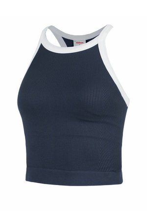 Soutien-gorge de sport côtelé bleu marine avec une bordure blanche. Doté d'un design à dos nageur et d'une silhouette ajustée. Fabriqué en matériau extensible pour le confort et le soutien.