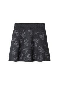 Donkergrijze uitlopende rok met een gestructureerd patroon van lichtergrijze bloemontwerpen. Bevat een soepele tailleband en zachte stof.