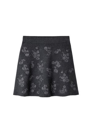 Gonna svasata grigia scura con un motivo testurizzato di disegni floreali grigi chiari. Presenta una vita liscia e un materiale morbido.