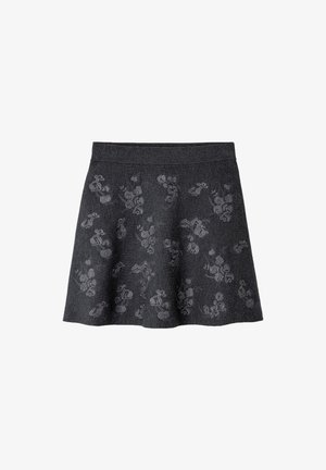 Gonna svasata grigia scura con un motivo testurizzato di disegni floreali grigi chiari. Presenta una vita liscia e un materiale morbido.