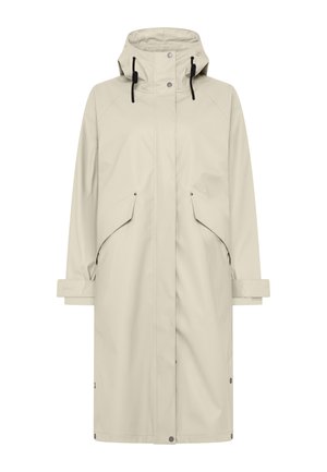 Imperméable long beige avec capuche ajustable, poches à rabat à l'avant, boutons-pression et sangles aux poignets pour protection contre les intempéries.