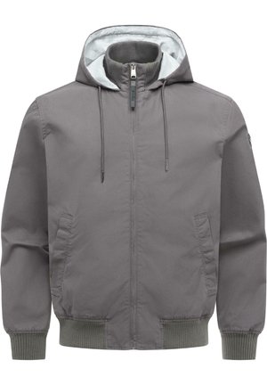 Grå hettejakke med glidelås, ribbestrikkede mansjetter og kant, to frontlommer og snorer i hetten, med et indre kragelag.