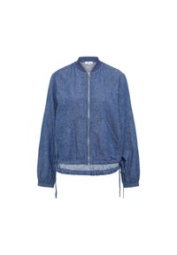 Blauwe denim bomberjack met geribde kraag, elastische manchetten en verstelbare koordzoom. Voorzien van een ritssluiting aan de voorkant en zijzakken.