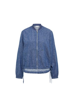Blauwe denim bomberjack met geribde kraag, elastische manchetten en verstelbare koordzoom. Voorzien van een ritssluiting aan de voorkant en zijzakken.