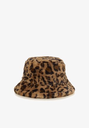 Cappello a secchiello con motivo leopardato realizzato in morbido tessuto peluche. Presenta una tesa larga e una corona arrotondata, in tonalità di marrone e nero.