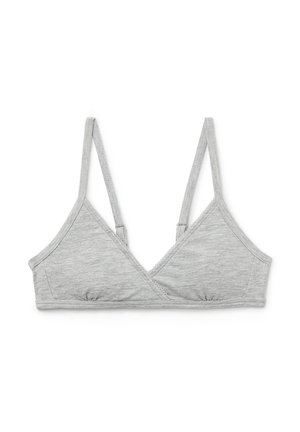 Bralette triangulaire gris clair en tissu doux, avec des fines bretelles, un design enveloppant et des détails froncés au bas.