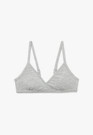 Hellgrauer, dreieckiger Bralette aus weichem Stoff, mit schmalen Trägern, einem Wickeldesign und Raffung am unteren Rand.