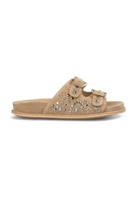 Beige suède slide sandalen met twee verstelbare banden en decoratieve zilveren en blauwe studs. Platte zool met een minimalistisch design.