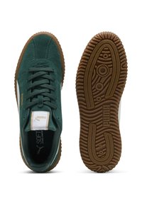 Baskets en daim vert avec accents beiges, semelle en caoutchouc à motifs texturés, et lacets plats. Marquage distinctif sur la languette.