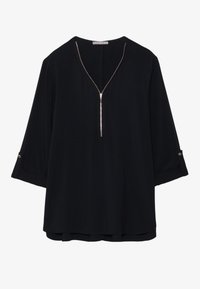 Tunic nera a maniche lunghe con zipper argento anteriore e polsini con bottone, orlo posteriore leggermente più lungo, di Anna Field.