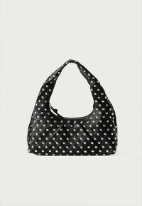 Black leather hobo bag with silver studs, rounded shoulder strap, and a zippered closure. Textured surface with a quilted design.