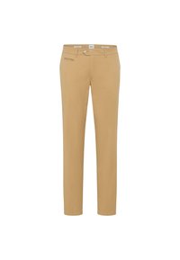 Beige katoenen broek met slim fit, voorzien van een voorzak en een knoopsluiting. Soepele textuur, minimalistisch ontwerp en geen zichtbare patronen.