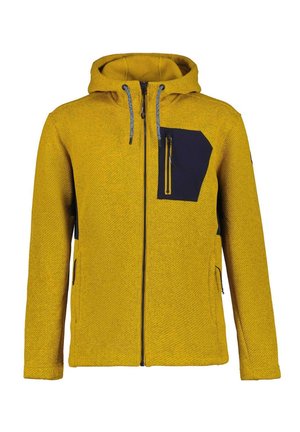 Gelbe Kapuzenjacke mit Reißverschluss, strukturiertem Stoff und einer schwarzen Reißverschluss-Brusttasche auf der linken Seite sowie zwei Seitentaschen.