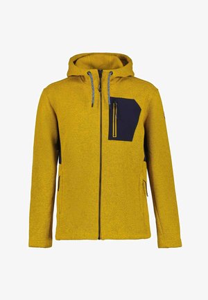 Gelbe Kapuzenjacke mit Reißverschluss, strukturiertem Stoff und einer schwarzen Reißverschluss-Brusttasche auf der linken Seite sowie zwei Seitentaschen.