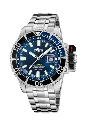 Stainless steel diver watch with a blue dial, luminous hands, black bezel, date display, and a secure crown protector. Sapphire crystal.