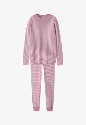 Langärmliges Pyjama-Set in hellrosa mit weißen Streifen. Weicher Baumwollstoff, enganliegende Bündchen, runder Halsauschnitt und passende tapered Hosen.