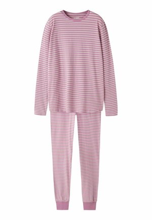 Puha rózsaszín és fehér csíkos hosszú ujjú felső és hozzá illő nadrág pizsama, bordázott mandzsettákkal a nadrágon és kerek nyakkivágással.