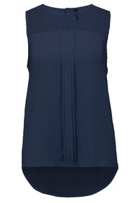 Top sans manches bleu marine avec bordure en dentelle au niveau de l'encolure, détail de plis pincés à l'avant et ourlet arrondi en bas.