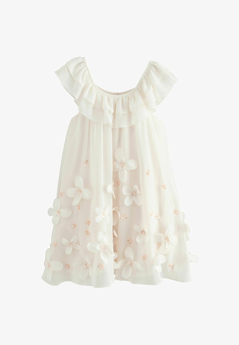 White sleeveless dress with ruffled neckline and 3D flower appliques with small beads scattered on the skirt.