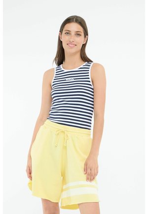 Navy and white striped tank top with a round neckline, paired with yellow shorts featuring white stripes and an elastic waistband.