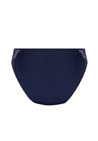 Navyblauwe bikini slip van soepele stof met kantdetails aan de zijkanten; naadloze randen en een ontwerp met volledige dekking.