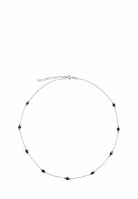 Srebrny naszyjnik z łańcuszka, ozdobiony małymi, czarnymi, okrągłymi koralikami, równomiernie rozmieszczonymi, z regulowanym zapięciem z tyłu. Prosty i elegancki design.