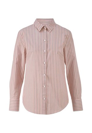 Rosa Longsleeve-Hemd mit Knopfleiste, vertikalen schwarzen Streifen, spitzem Kragen und gestreiften Manschetten.