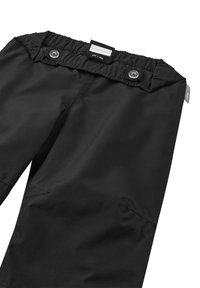 Schwarze wasserdichte Hose mit elastischem Bund, Druckknöpfen, glatter Textur und Seitentaschen. Geeignet für den Einsatz im Freien.