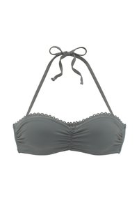 Top bikini grigio con design arricciato e bordi scallopati. Presenta lacci regolabili al collo e alla schiena per una vestibilità sicura. Texture liscia.
