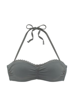 Grauer Bikini-Oberteil mit gerafftem Design und gewellten Kanten. Verfügt über verstellbare Bänder am Hals und Rücken für einen sicheren Sitz. Glatte Textur.