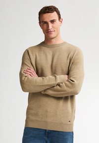 Beige gebreide trui met ronde hals, lange mouwen, geribbelde manchetten en zoom, met een textuurstof en een klein logo aan de onderzijde.