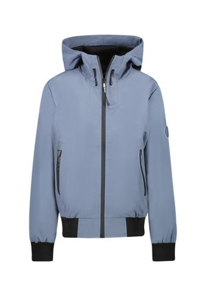 Lichtblauwe zip-up jas met een capuchon, zwarte accenten op de rits en manchetten, voorzien van twee zijzakken en een gladde, matte textuur.