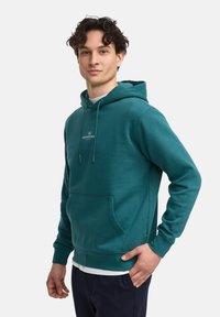 Sudadera color azul verdoso con un bolsillo delantero, capucha con cordón y un pequeño logo en el pecho. Fabricada con un tejido suave y de textura lisa.