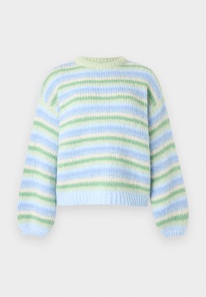 Kootud kampsun, millel on horisontaalsed triibud helerohelise, rohelise ja kreemika tooniga. Ümar kaelus, pikad varrukad ja lühendatud lõige.