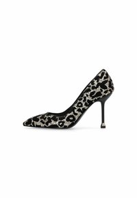 Stiletto avec imprimé léopard noir et argent, matériau texturé avec des accents pailletés, design à bout pointu et talon fin avec une pointe métallique.