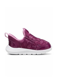 Fioletowe buty wsuwane z wzorzystego materiału, z wyściełanym wierzchem i białą gumową podeszwą z błyszczącym różowym akcentem na pięcie.