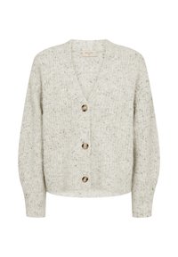 Lichtgrijze gebreide cardigan met V-hals, lange mouwen, drie grote bruine knopen en een zacht textuurstof.