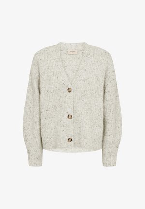 Lichtgrijze gebreide cardigan met V-hals, lange mouwen, drie grote bruine knopen en een zacht textuurstof.