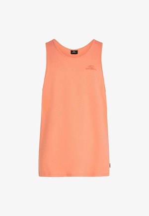 Peach tank top made of lightweight fabric; features a round neckline, no sleeves, and a small embossed logo on the front.