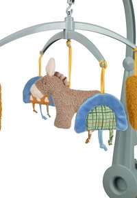 Baby mobile featuring soft plush donkey and colorful fabric tents. Textured materials in gray, brown, blue, and orange with yellow hangers.