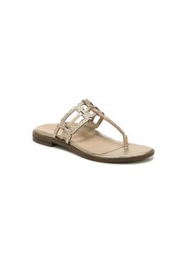 Gold metallic thong sandal with a flat sole, featuring a decorative strap design with rectangular accents and a smooth texture.